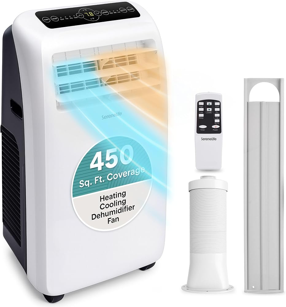 SereneLife Portable Air Conditioner With Heat &amp; Built-in Dehumidifier 10,000 BTU, Portable Heater &amp; AC For Rooms up to 450 Sq Ft - Remote Control &amp; Window Mount Exhaust Kit Included